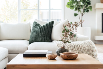 Modern house interior living room sofa with green chunky knit pillows