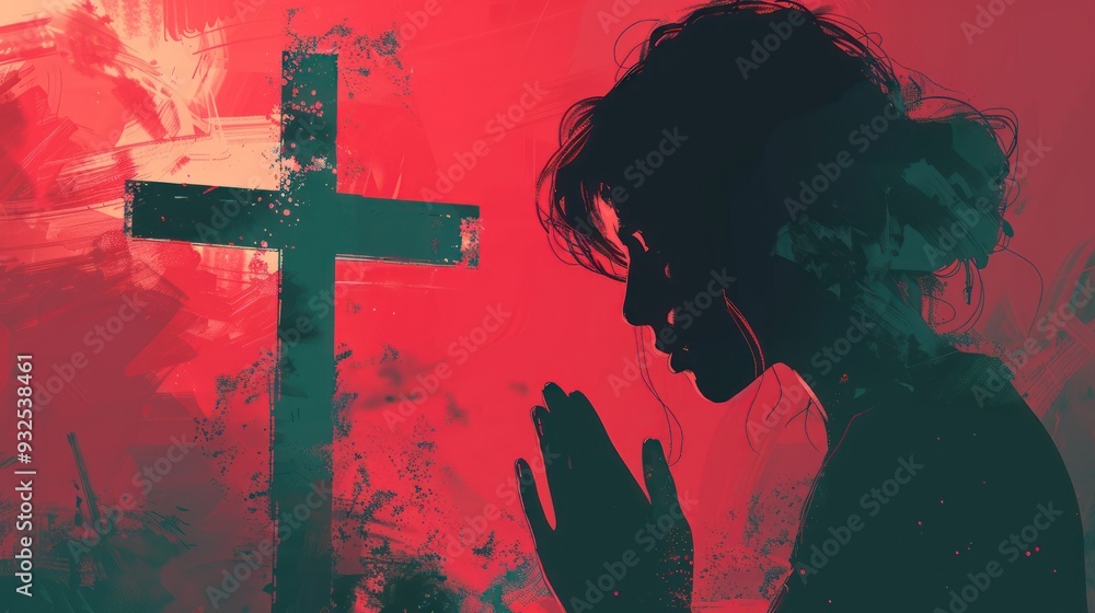 Wall mural devout woman praying before cross in illustration