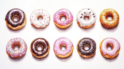 Collection of watercolor donut illustrations featuring various toppings such as chocolate pink and white Isolated watercolor depictions of glazed donuts on a white background