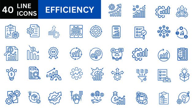 Efficiency icon collection set. Containing productivity, optimization, resource utilization, effectiveness, streamlining, lean processes, time management, cost icon. Simple line vector.