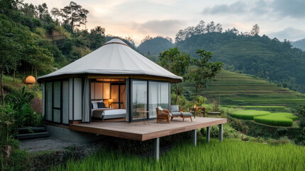 A cozy modern yurt by rice field, luxury glamorous camping glamping