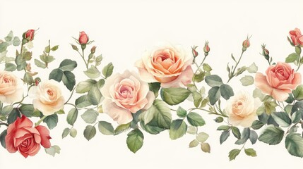 Naklejka premium Charming floral border featuring watercolor roses