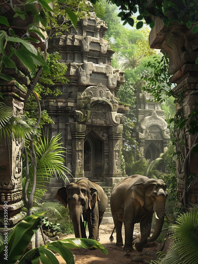 Poster two elephants stroll through overgrown ruins, surrounded by vibrant vegetation and ancient stone str