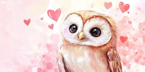 Obraz premium Adorable owl illustration in watercolor style Romantic card design for Valentine s Day Heartfelt backdrop