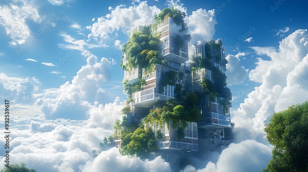 Poster futuristic skyscraper floating gardens embedded within