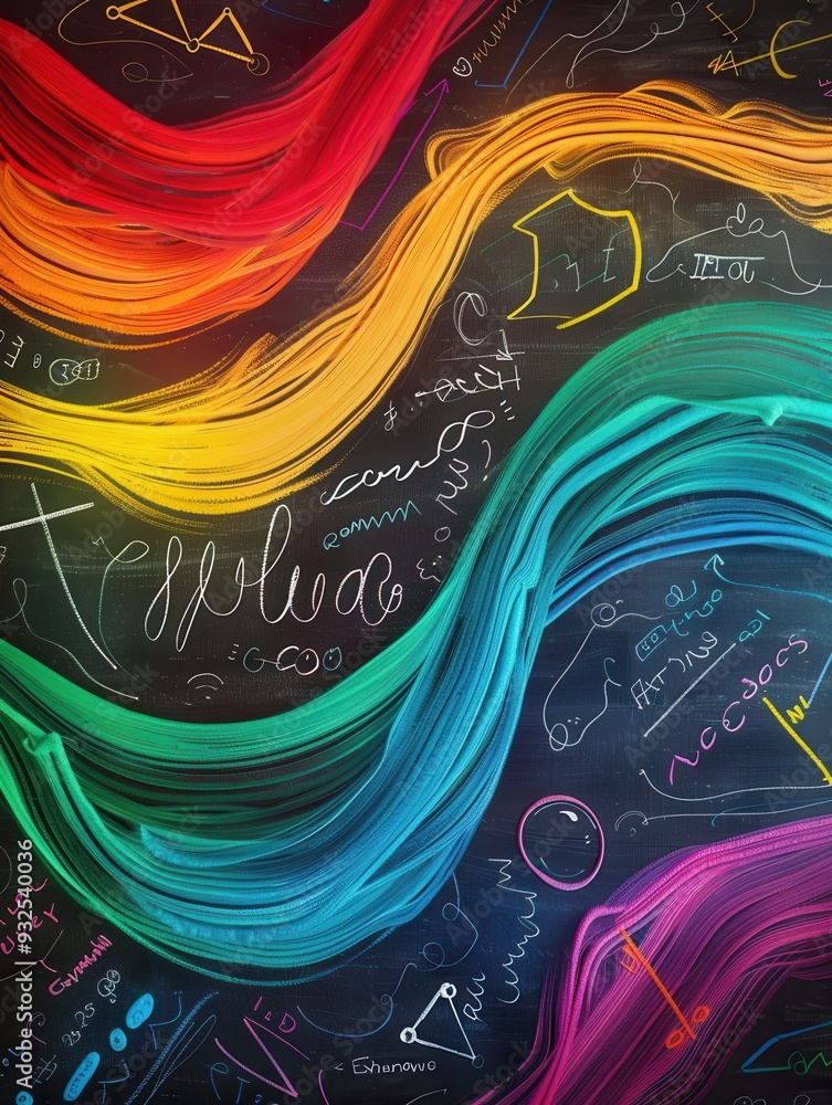 Poster vibrant chalk waves intertwine with scientific formulas and diagrams, creating a rich, educational b