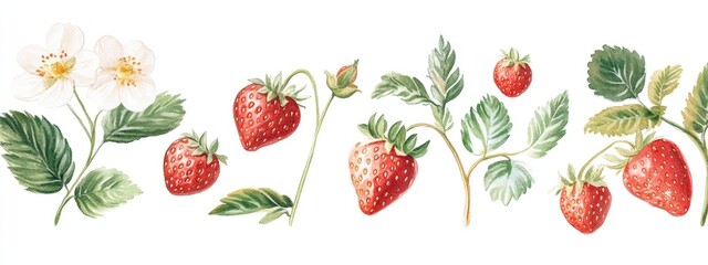 Collection of watercolor illustrations featuring strawberries blossoms foliage and other berries