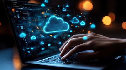 Bussiness hand using laptop with virtual popup icon of cloud computin Storage and data transfer Cloud network , Cloud technology. Networking and internet service concept