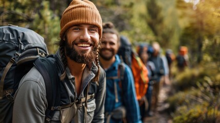 Happy Hiker Friends Enjoying Healthy Outdoor Trekking Adventure