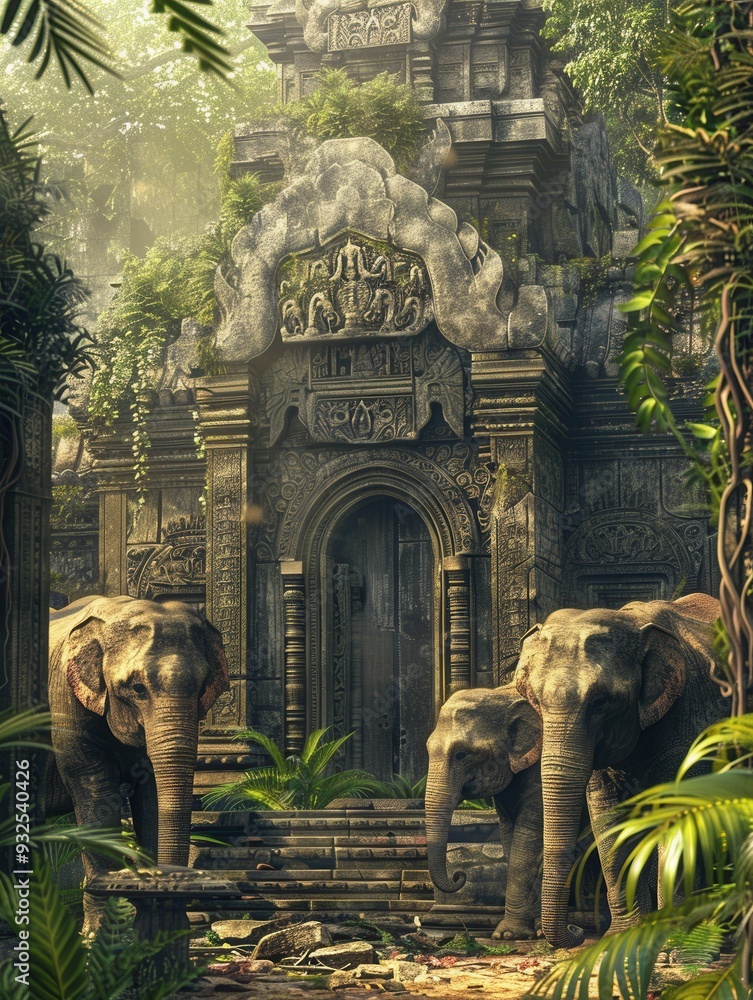 Aufkleber two elephants wander near a majestic overgrown temple, illuminated by soft morning light filtering t