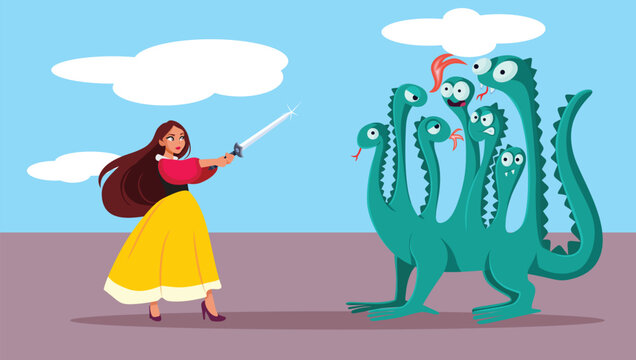 Fearless Princess Fighting with Sword Against Evil Dragon Vector Illustration. Female hero defeating an evil monstrous creature in a fairy tale
