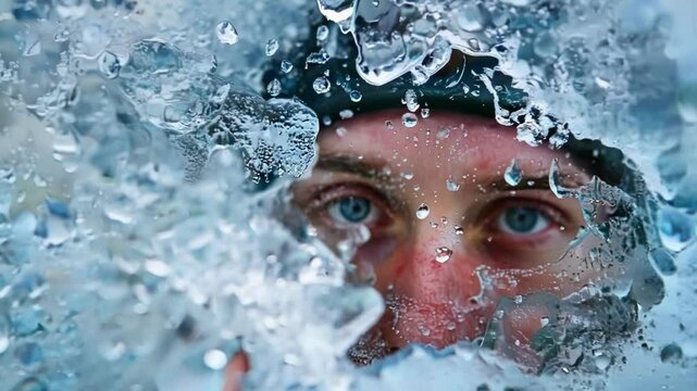 Close up portrait of an athlete submerged in a tub of ice water, enduring the extreme cold as part of his post workout recovery routine