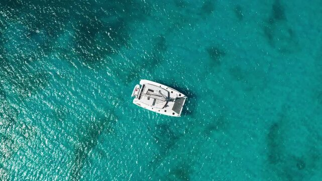 Ascending over catamaran and clear water at Dead Man's Beach, Peter Island, BVI