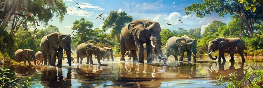 Poster elephants enjoy a refreshing bath in a river while surrounded by vibrant trees and a clear sky fille