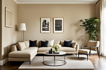 modern living room with fireplace, modern beige living room