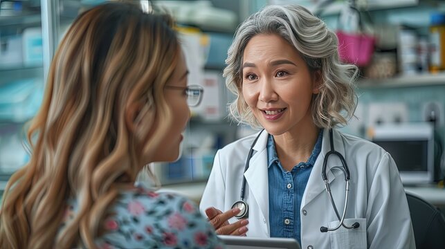 doctor showing female patient mri scan on tablet discussing test result in emergency room