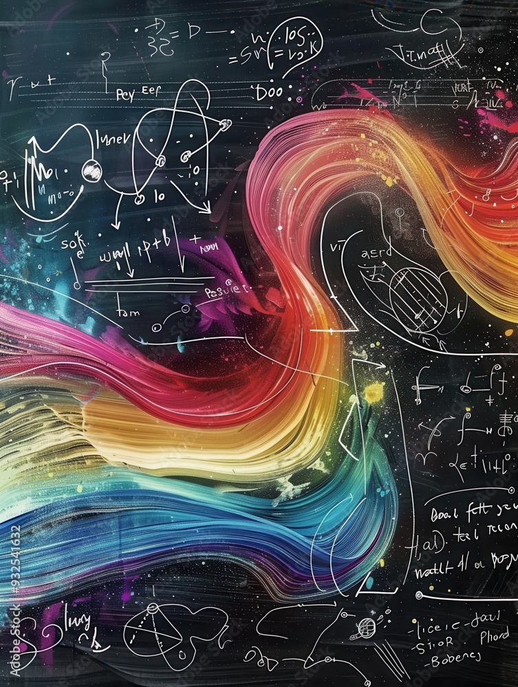 Fototapete colorful chalk strokes create flowing waves on a chalkboard, seamlessly blending with scientific dia