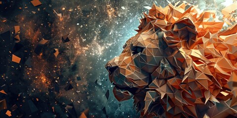 Obraz premium 3D Paper Sculpture of a Lion Encircled by a Universe of Data and Creative Power