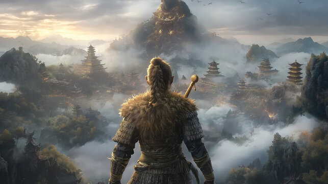 back side, golden stick in the hero's hand holding behind the back, facing the giant evil boss, commercial game poster cover, chinese myth of sun wukong,