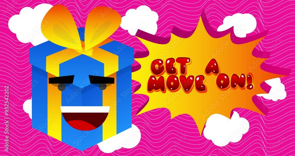 Poster cartoon gift box background animation with get a move on! text.