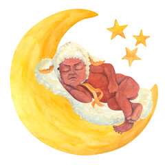 African American baby wearing cap with lamb's ears sleeping on the moon. Isolated watercolor illustration of sweet naked black infant for baby shower invitations, cards, posters, kid prints and design © SashaSavelyeva_Art