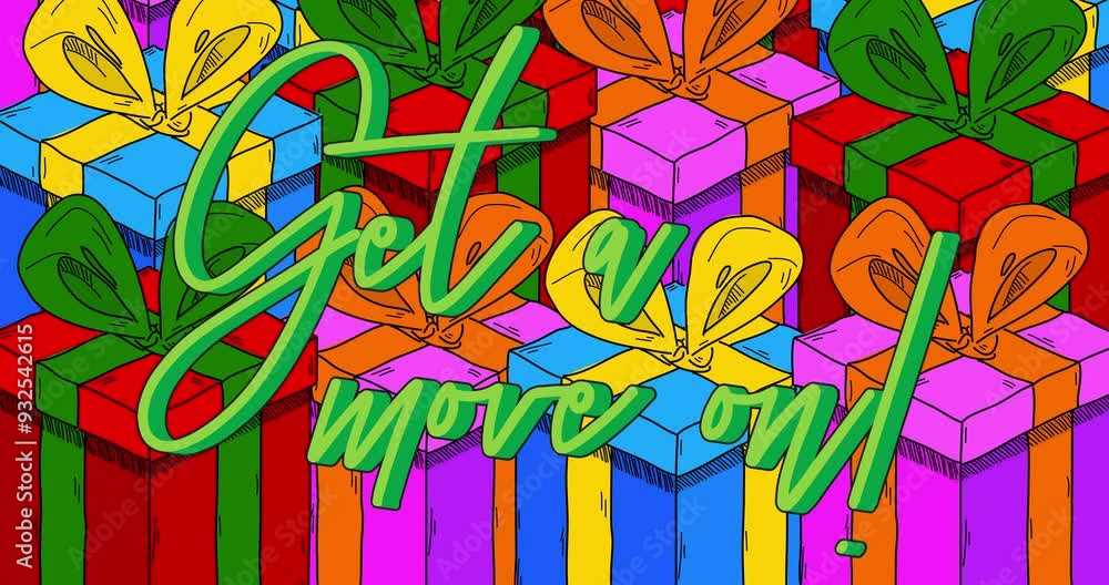 Poster cartoon gift box background animation with get a move on! text.