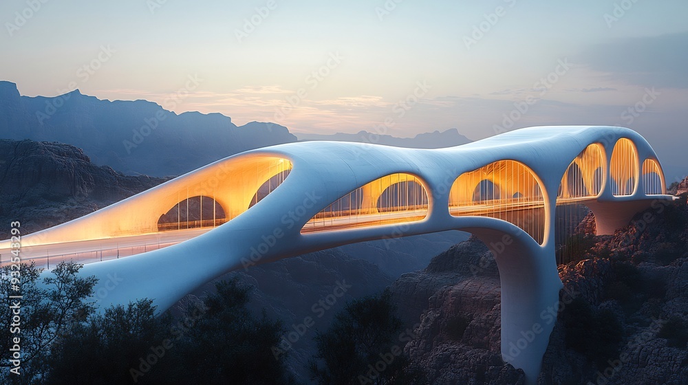 Poster hightech bridge skeletal forms that appear to stretch and twist like a living entity over a vast can