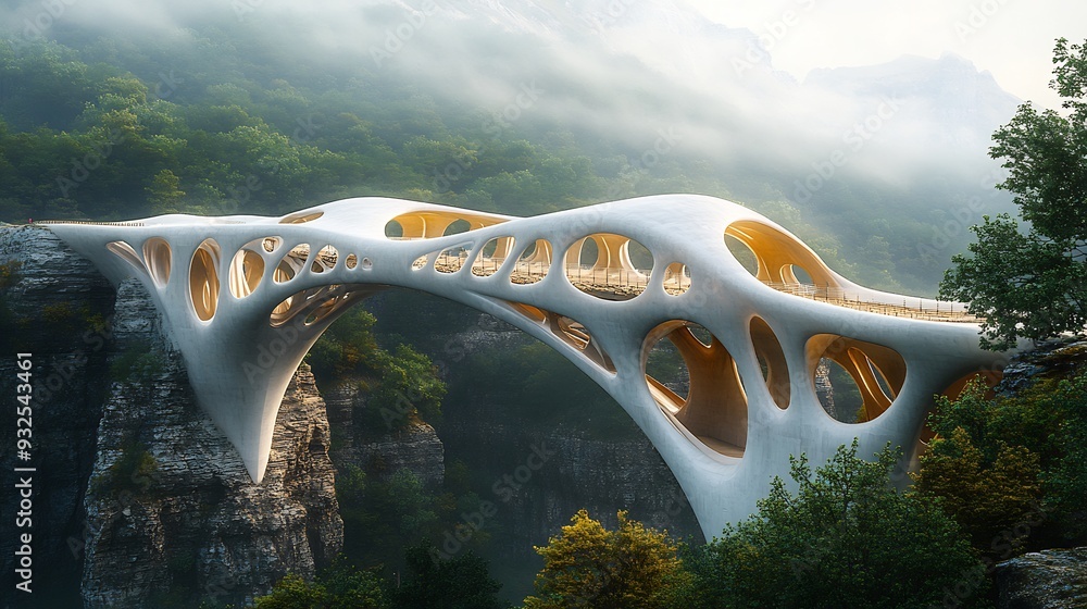 Poster hightech bridge skeletal forms that appear to stretch and twist like a living entity over a vast can