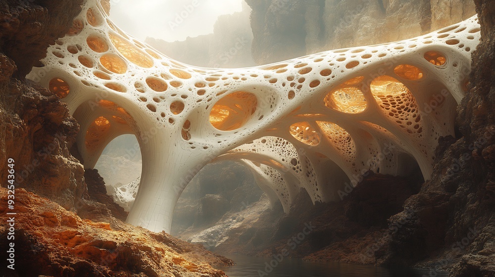 Poster hightech bridge skeletal forms that appear to stretch and twist like a living entity over a vast can