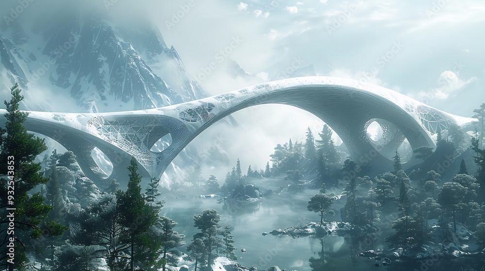 Poster hightech bridge skeletal forms that appear to stretch and twist like a living entity over a vast can
