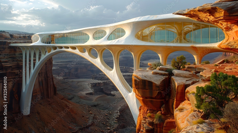 Poster hightech bridge skeletal forms that appear to stretch and twist like a living entity over a vast can