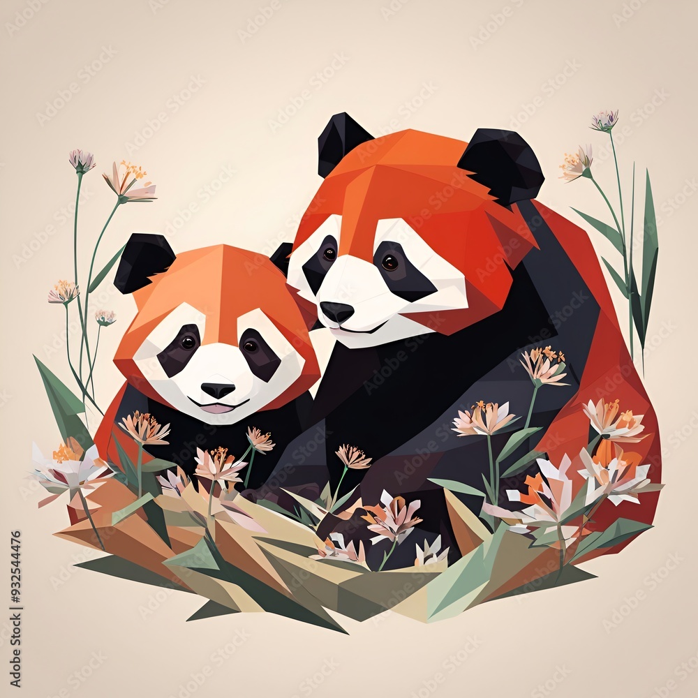 Sticker two red pandas in a flowery landscape