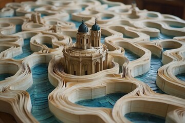 Obraz premium Labyrinthine city made entirely of giant books with streets and buildings formed by open pages ink rivers flowing through on a plain beige background
