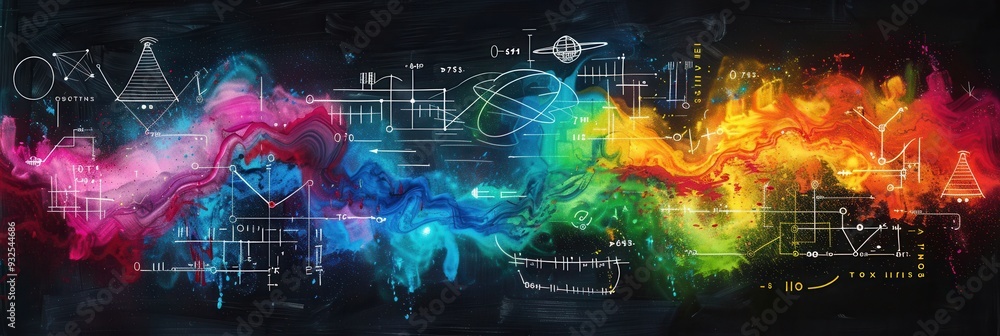 Fototapete a vibrant chalkboard backdrop displays colorful waves of chalk with scientific formulas and diagrams