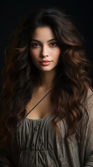 Vertical studio photo of a beautiful young woman with long wavy brown hair, against a black background, wearing a long-sleeved grey lace dress, generative AI.