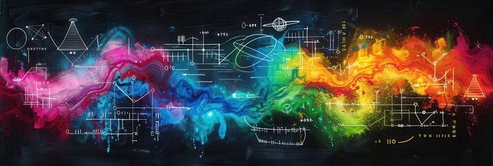 A vibrant chalkboard backdrop displays colorful waves of chalk with scientific formulas and diagrams artfully integrated into the design. Generative AI