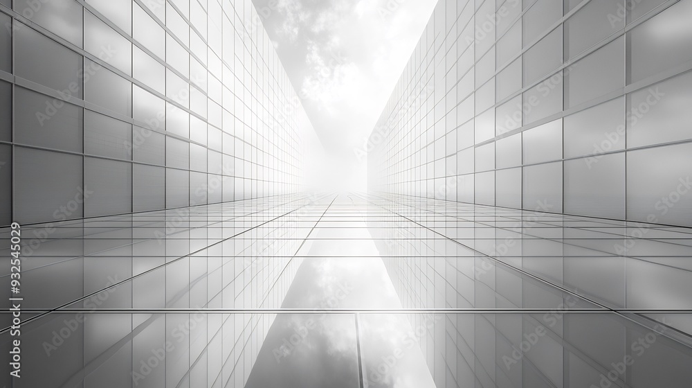 Poster minimalist skyscraper utilizing transparent and reflective surfaces to blend with the sky