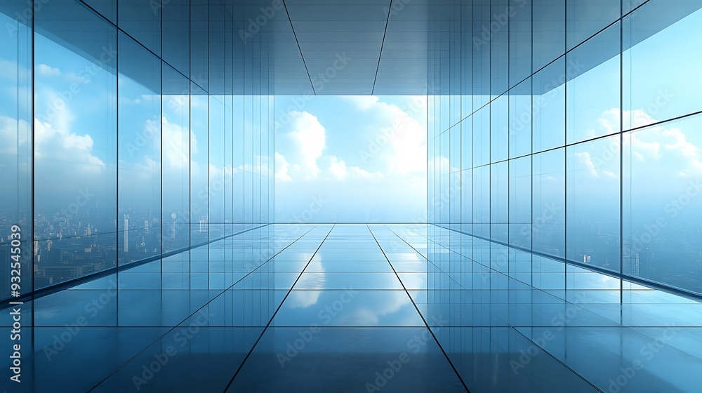 Poster minimalist skyscraper utilizing transparent and reflective surfaces to blend with the sky