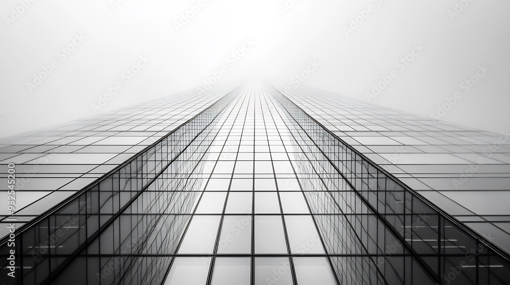 Poster minimalist skyscraper utilizing transparent and reflective surfaces to blend with the sky
