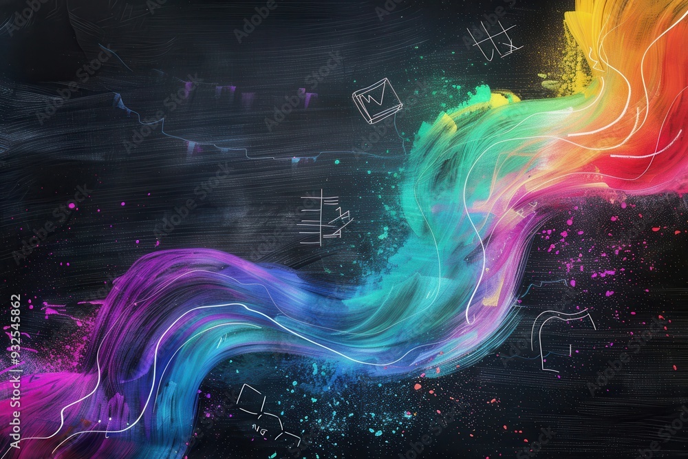 Poster vibrant chalk strokes form sweeping waves on a blackboard, blending artistic colors with subtle scie