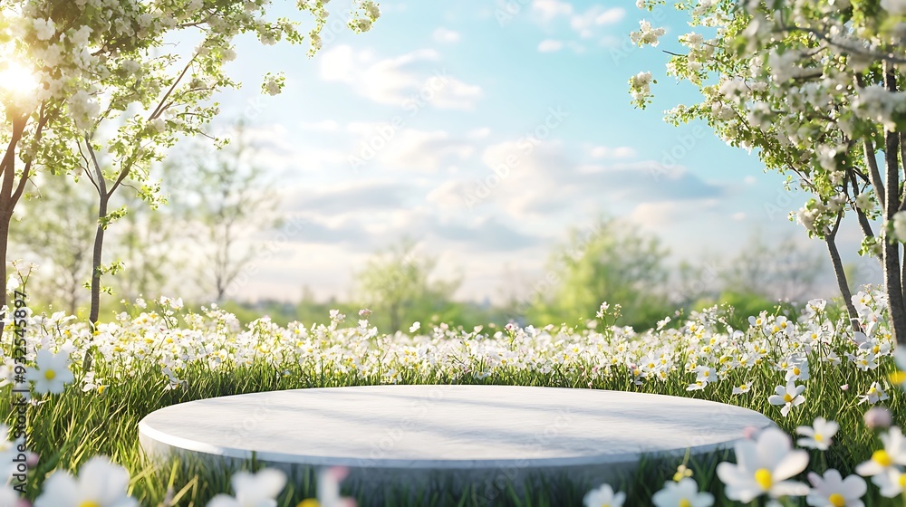 Poster empty white platform in a field of daisies with a spring sky in the background.