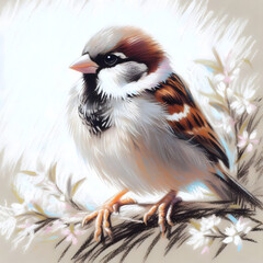 흰 배경, 참새, 파스텔화 (white background, sparrow, pastel painting)