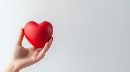 Fototapeta premium Female hand holding a red heart on a white background.
