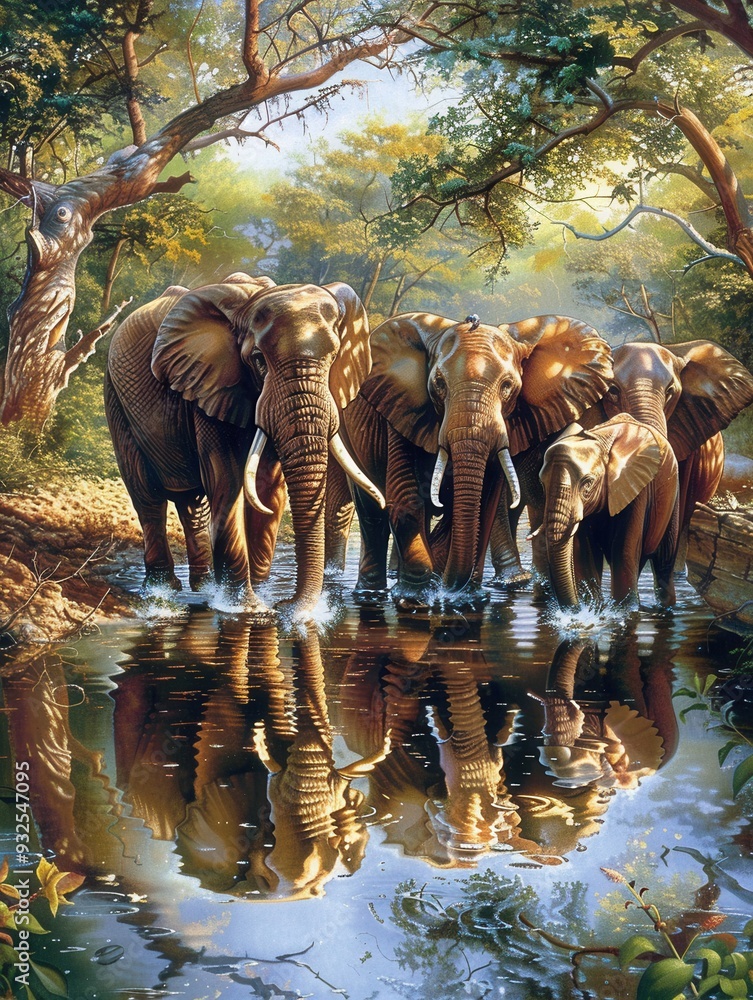 Poster elephants drink water while their reflections shimmer in the calm surface at a beautiful forest wate