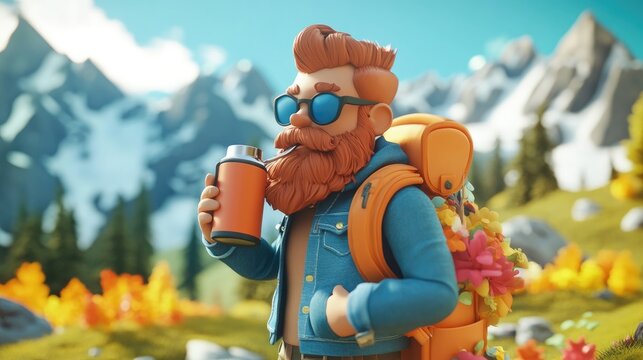 3D cartoon of a bearded hipster man sipping from a thermos while trekking through colorful mountains in a denim jacket Active lifestyle in nature theme