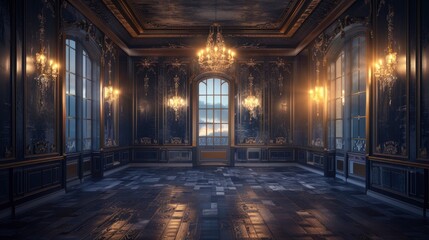 Empty elegant vintage room at night with copy space , ai