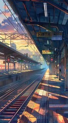 Fototapeta premium The tranquil atmosphere of an anime airport station at sunset features colorful skies, empty platforms, and intricate architectural details