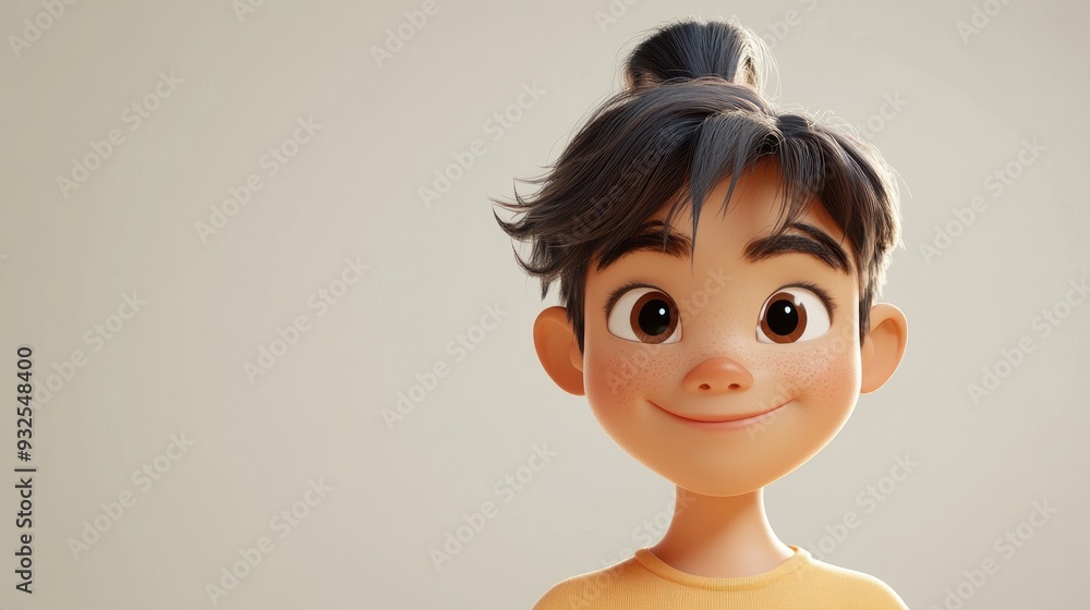 Wall mural 3d cartoon of a cute teenage boy with a ponytail on a light background character and lifestyle theme