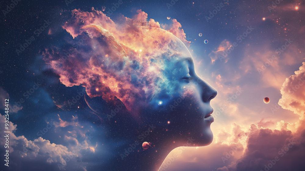 Poster n the vast emptiness of the interstellar void, a deity whose androgynous face is an ever-evolving ca