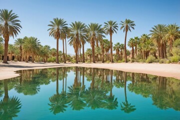 Obraz premium Mirrored Reflection of Palm Trees in the Crystal-Clear Waters of a Desert Oasis